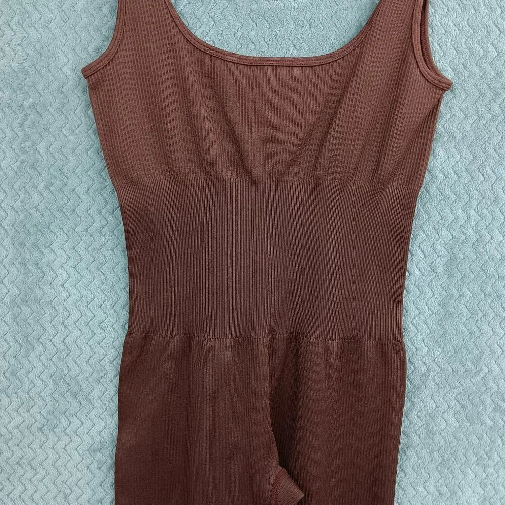 Women's Workout Seamless Jumpsuit Yoga Ribbed Bodycon One Piece Size M Brown - Picture 3 of 4